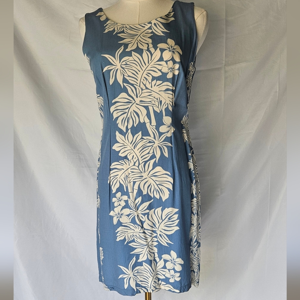 MD Fashion Tropical Print Mini Dress Blue/White Size Small 100% Cotton